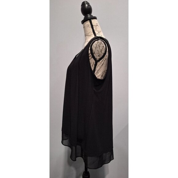 NWT Alfani Black Sleeveless Chiffon Top W/ Pleated Front & Embellished Neckline/ - Picture 3 of 7